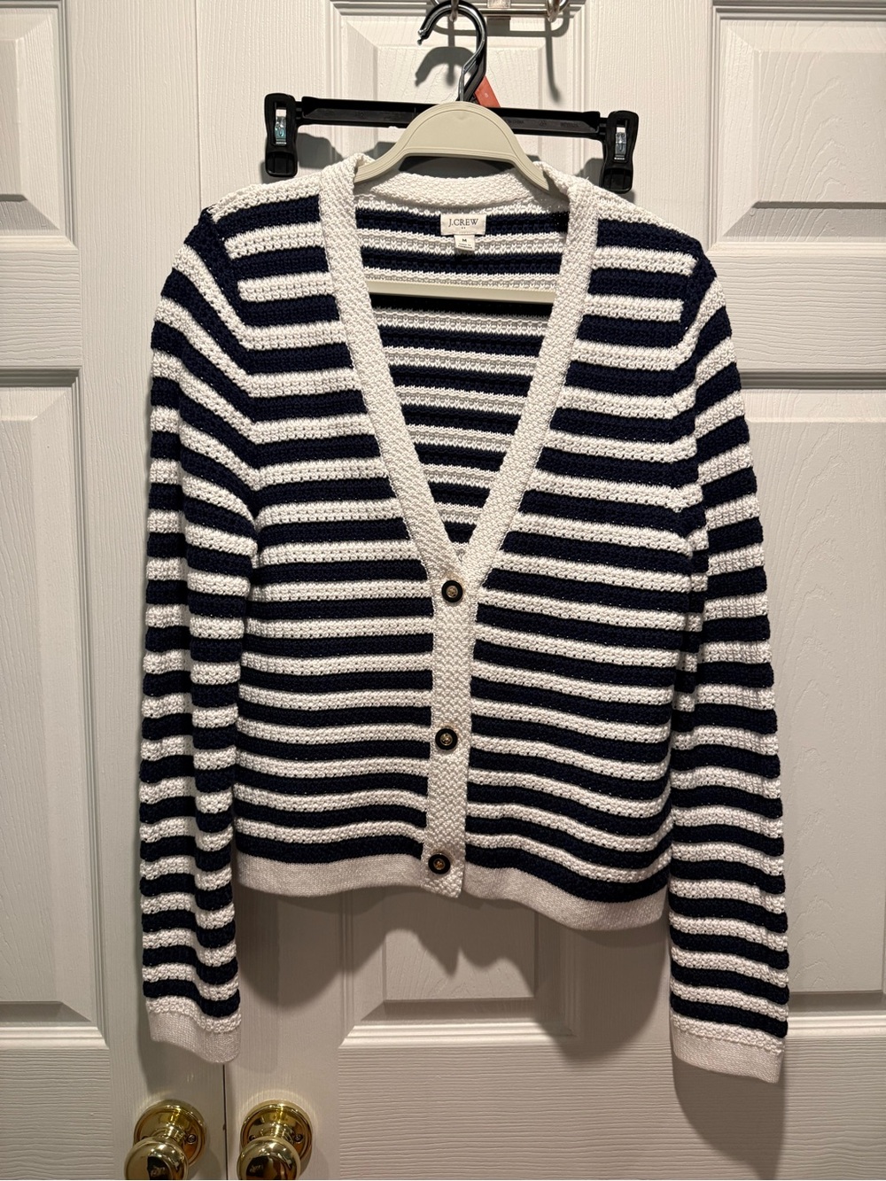 J. Crew Navy and White Striped V-Neck Cardigan